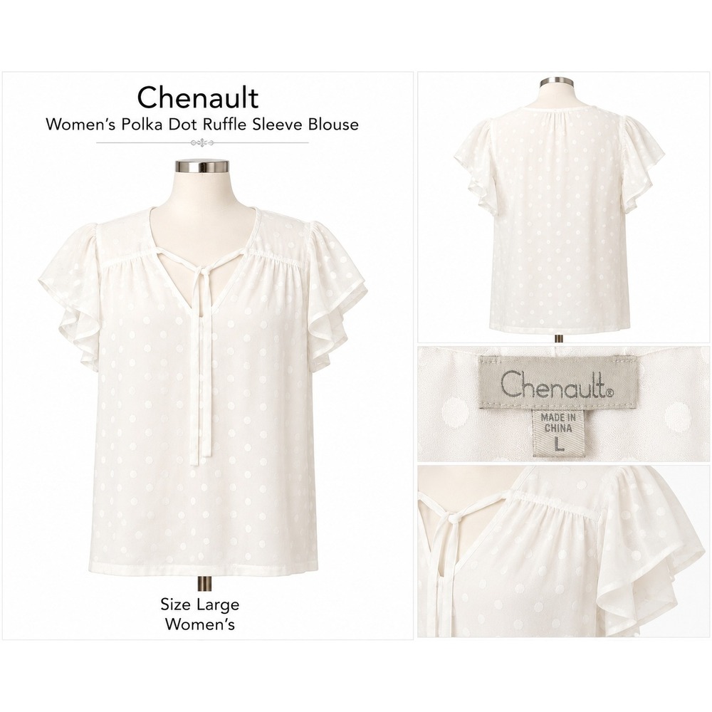 Chenault Womens White Polka Dot Ruffle Flutter Sleeve V-Neck Tie Blouse Large